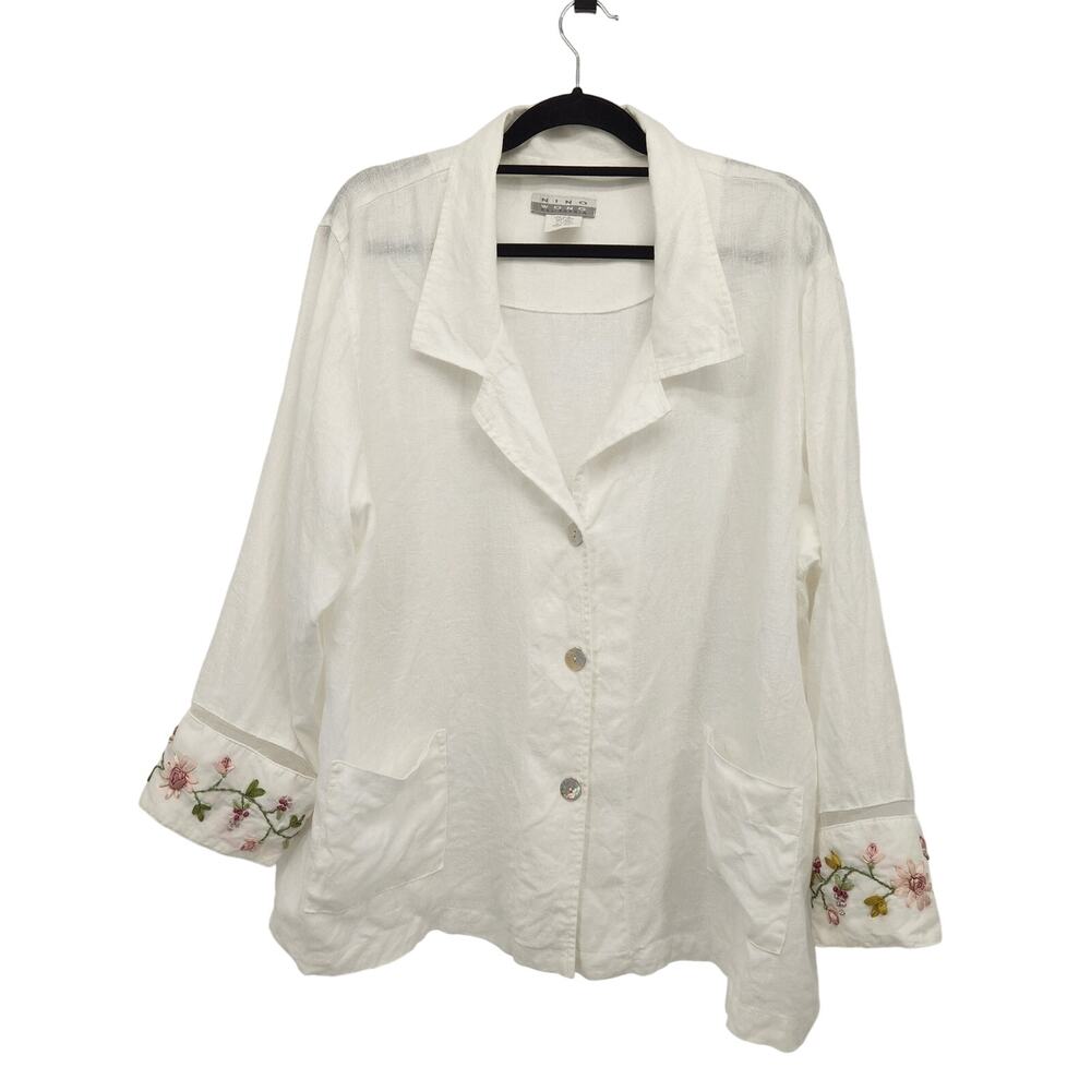 Nino Wong California White 100% Linen Floral Embroidered Jacket‎ Women Blazer XL